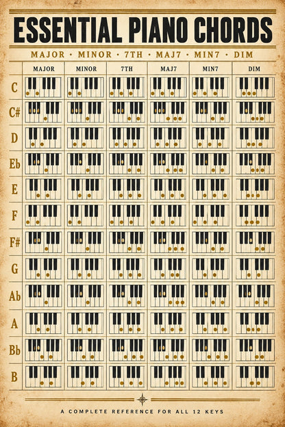 Essential Piano Chords Reference Chart Poster, Music Studio Wall Art