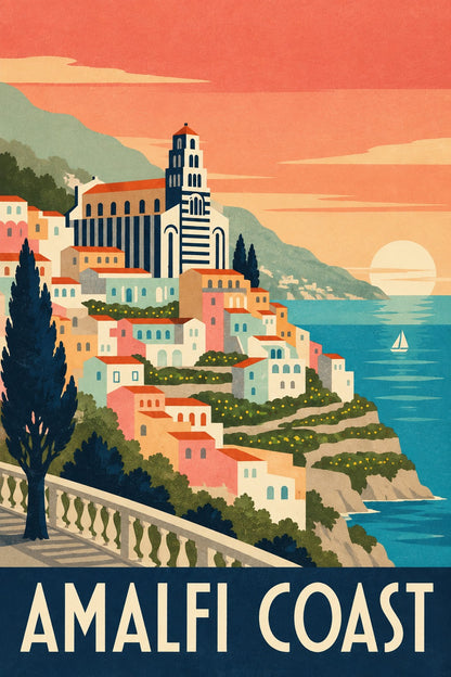 Amalfi Coast Vintage Travel Poster, Italy Coastal Wall Art