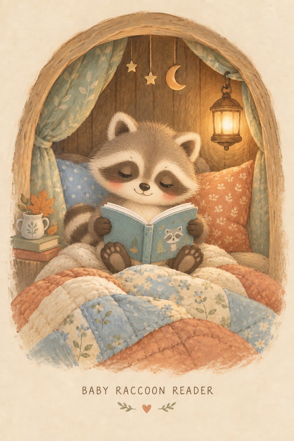 Baby Raccoon Reader Art Poster, Woodland Nursery Wall Decor