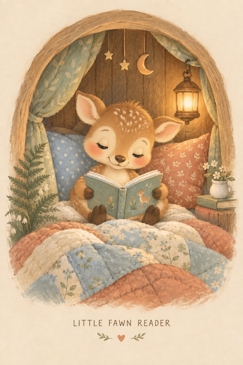 Little Fawn Reader Nursery Wall Poster, Bedtime Story Art Print