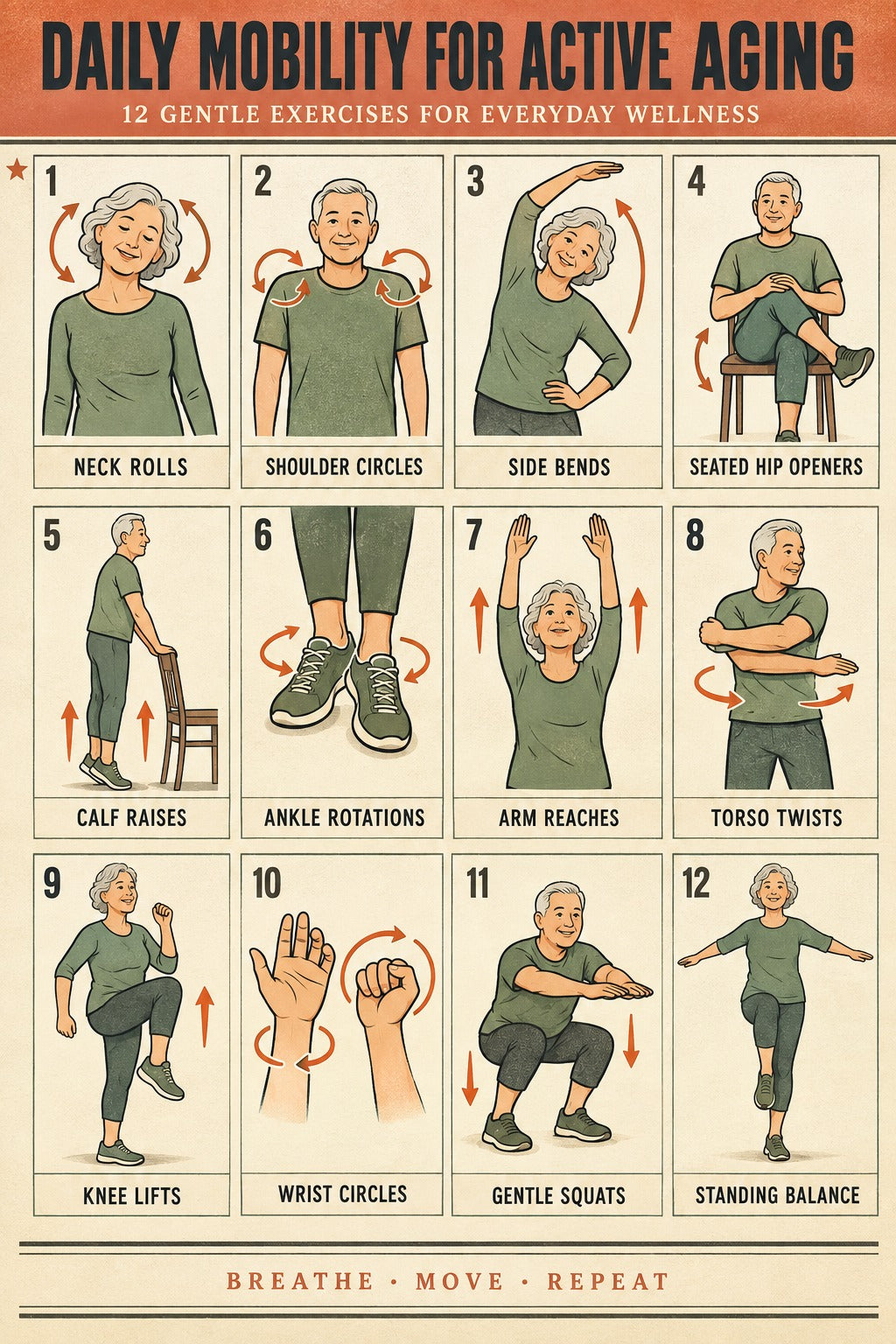 Daily Mobility for Active Aging Poster, Senior Exercise Chart