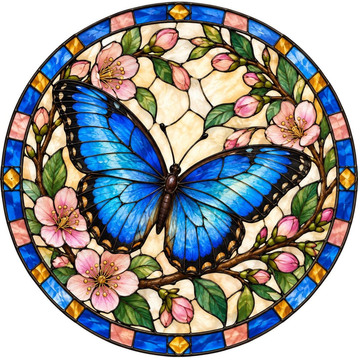 Azure Butterfly Glass Window Suncatcher and Floral Hanging Ornament