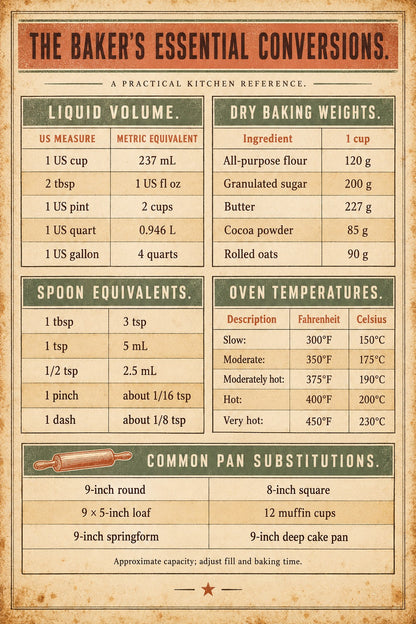 Artisanal Baking Conversion Chart Poster, Kitchen Art Print