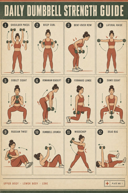 Dumbbell Strength Guide Poster, Earth Tone Workout Chart