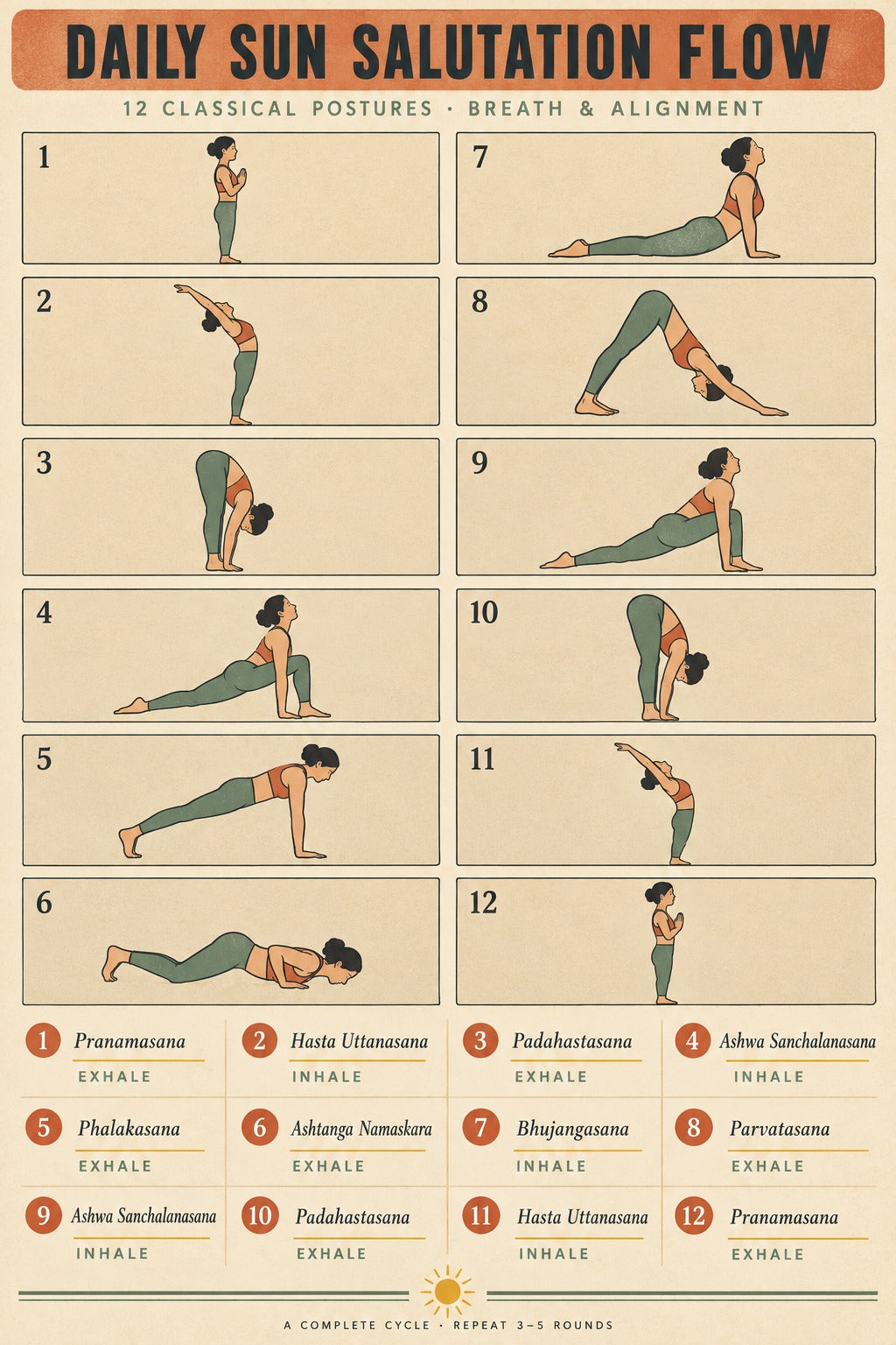 Daily Sun Salutation Flow Yoga Pose Guide Poster