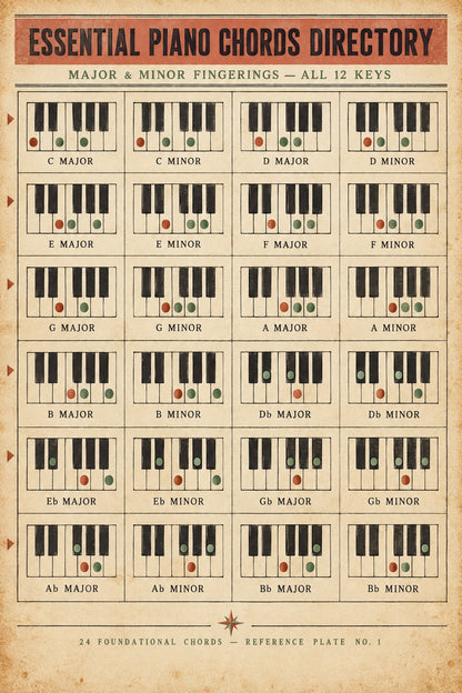 Essential Piano Chords Directory Poster, Music Theory Wall Art