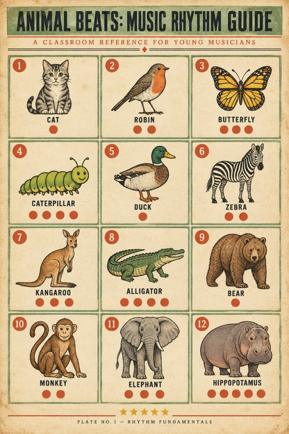 Animal Beats Music Rhythm Guide Poster, Elementary Classroom Wall Art