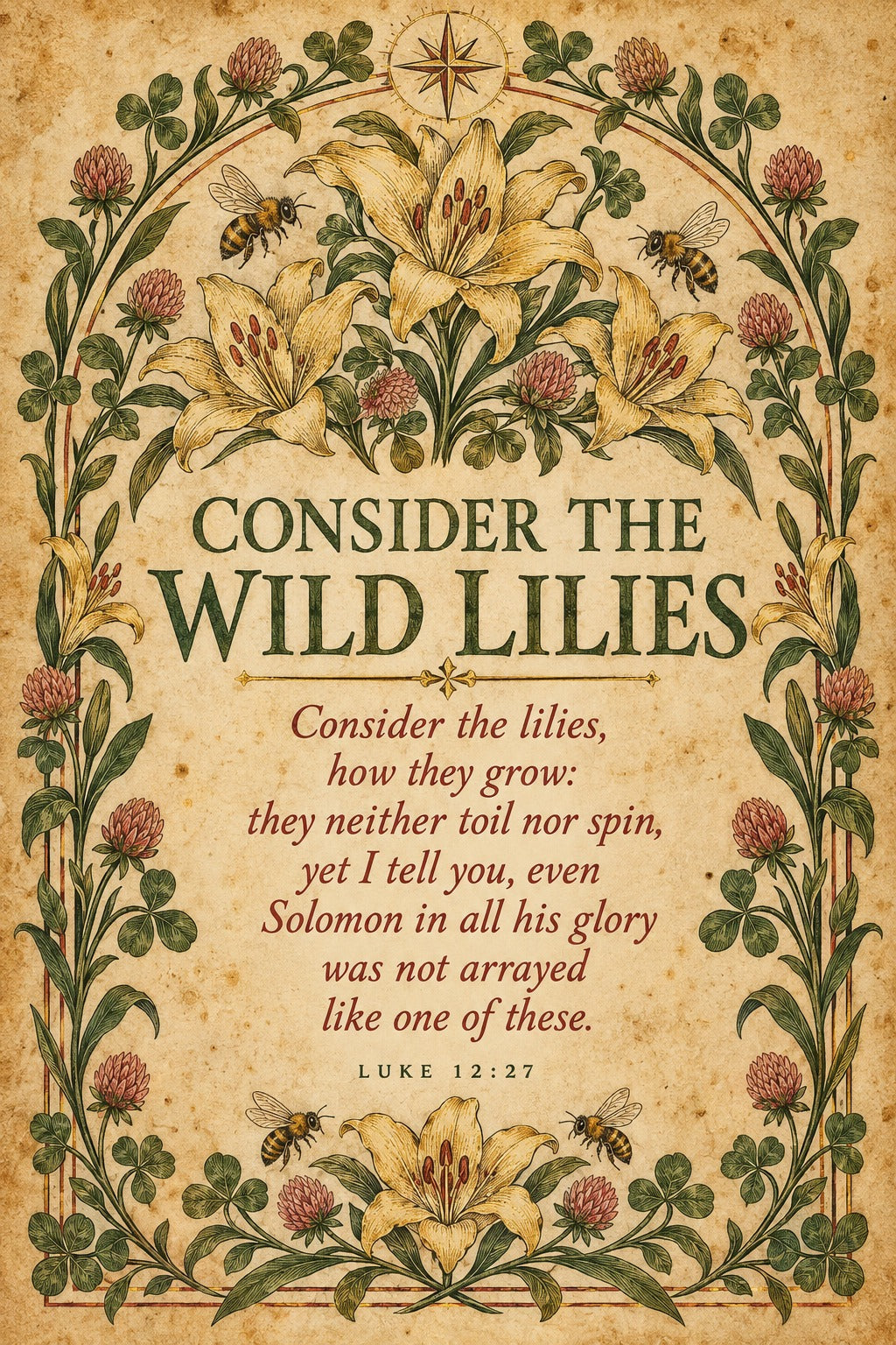 Consider the Wild Lilies Luke 12:27 Poster, Christian Botanical Wall Art