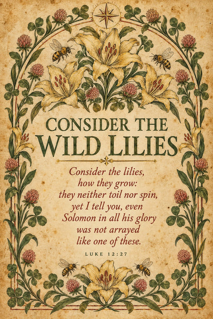 Consider the Wild Lilies Luke 12:27 Poster, Christian Botanical Wall Art