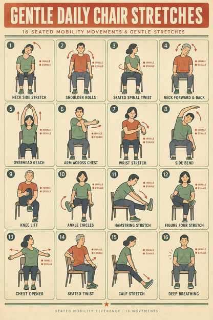 Gentle Daily Chair Stretches Poster, Seated Mobility Exercise Chart