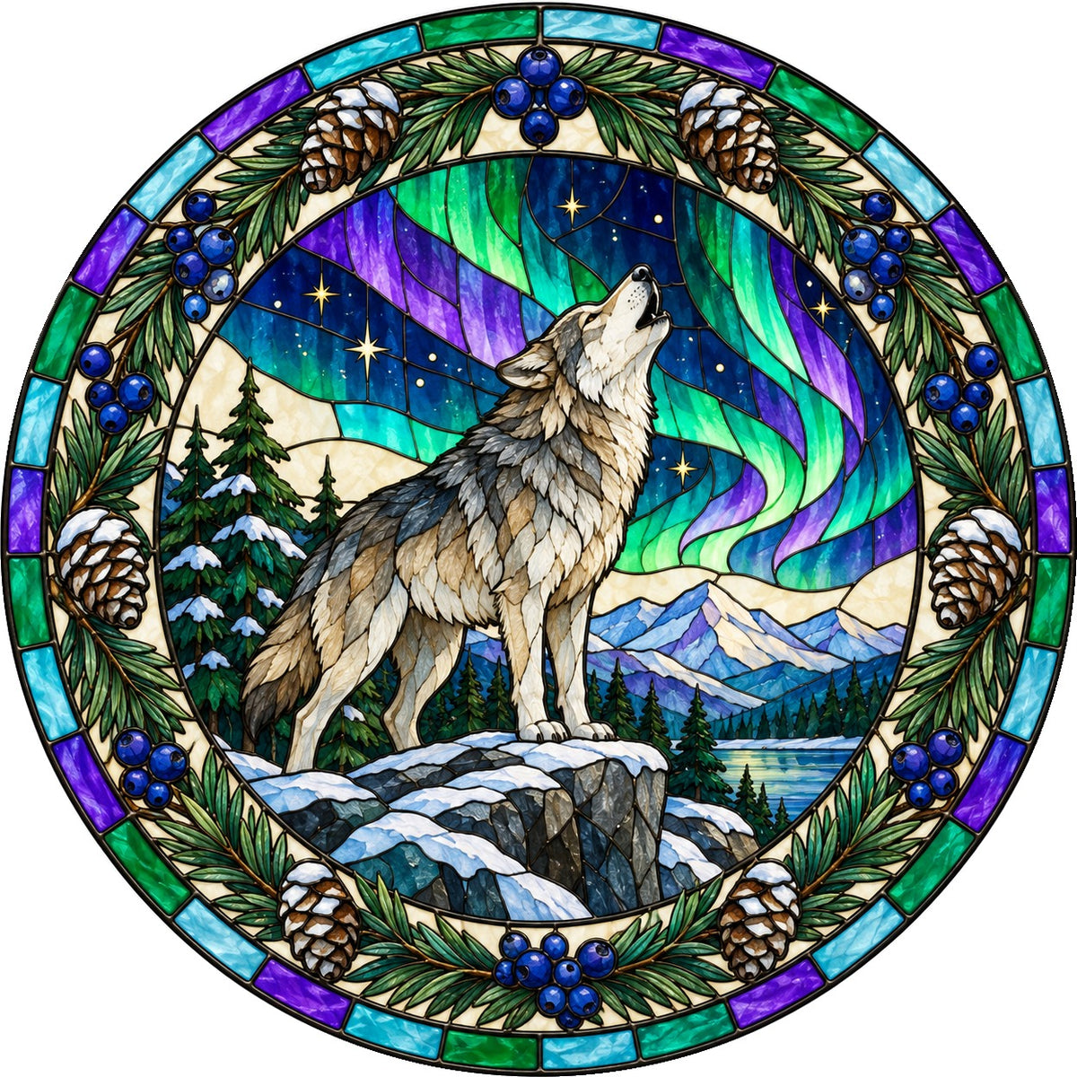 Aurora Wolf Wilderness Glow Suncatcher Hanging Glass Ornament