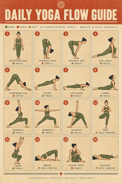 Daily Yoga Flow Guide Poster, Morning Asana Sequence Chart