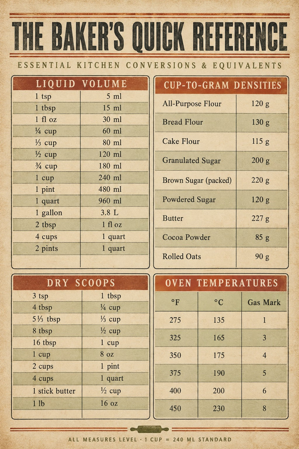 Baking Measurements Art Poster, Kitchen Reference Chart