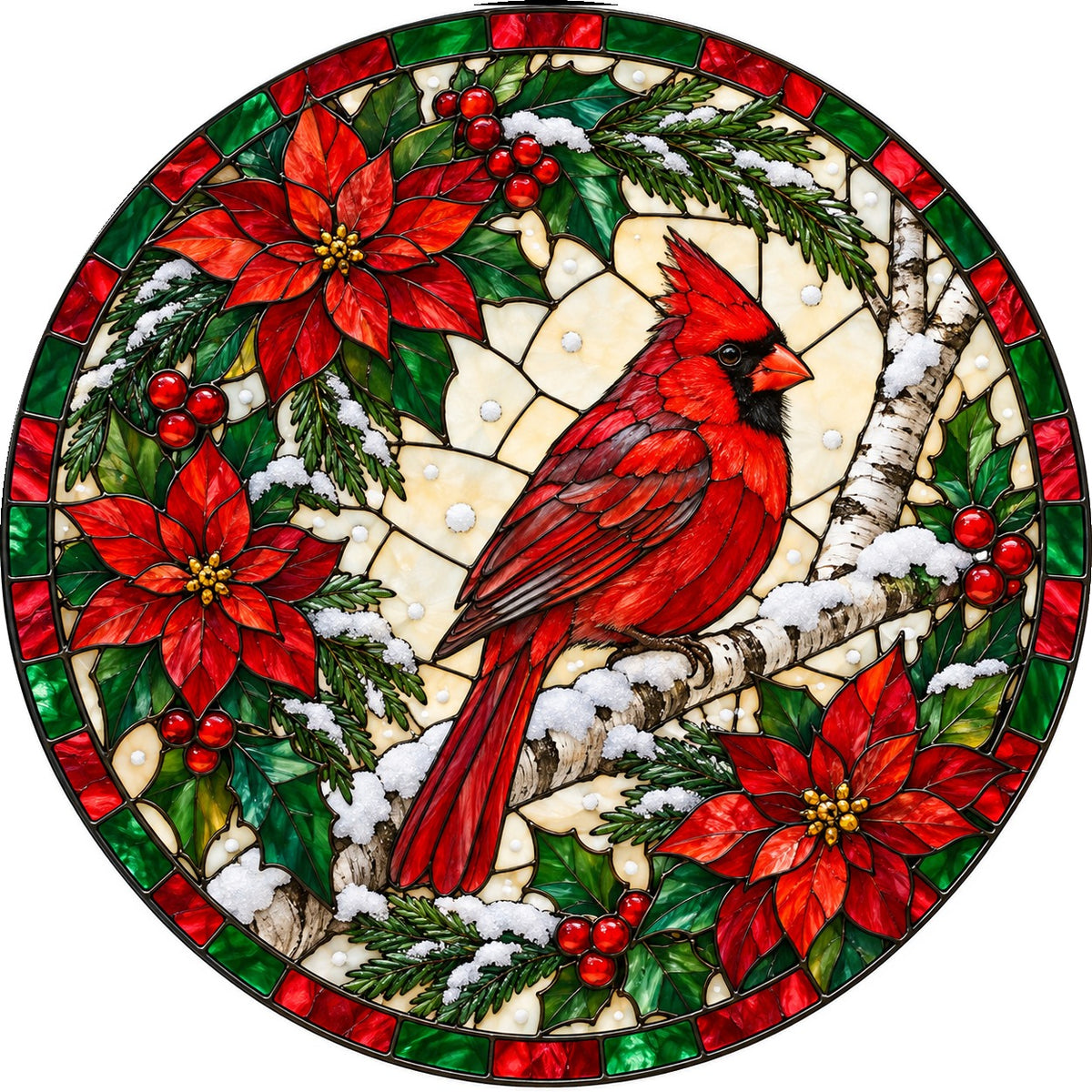Winter Cardinal on Birch Suncatcher, Glass Christmas Holiday Ornament