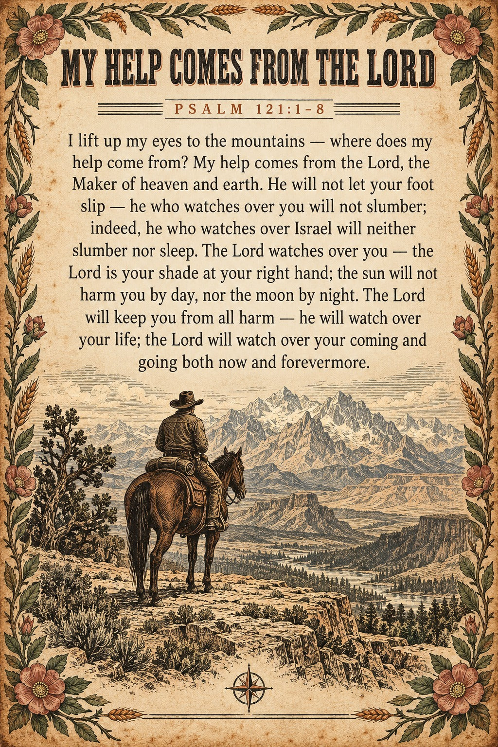 Western Scripture Poster, Psalm 121 Cowboy Mountain Art