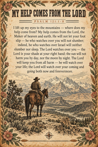 Western Scripture Poster, Psalm 121 Cowboy Mountain Art
