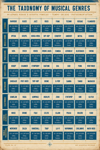 Taxonomy of Musical Genres Poster, Sound and Rhythm Chart Print