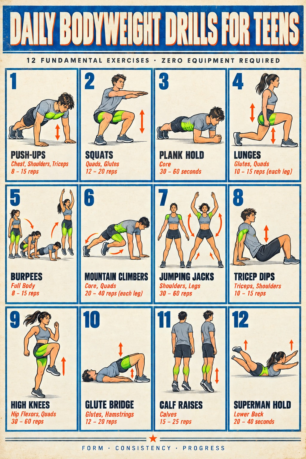 Youth Calisthenics Foundations Chart Poster, Teen Bodyweight Fitness