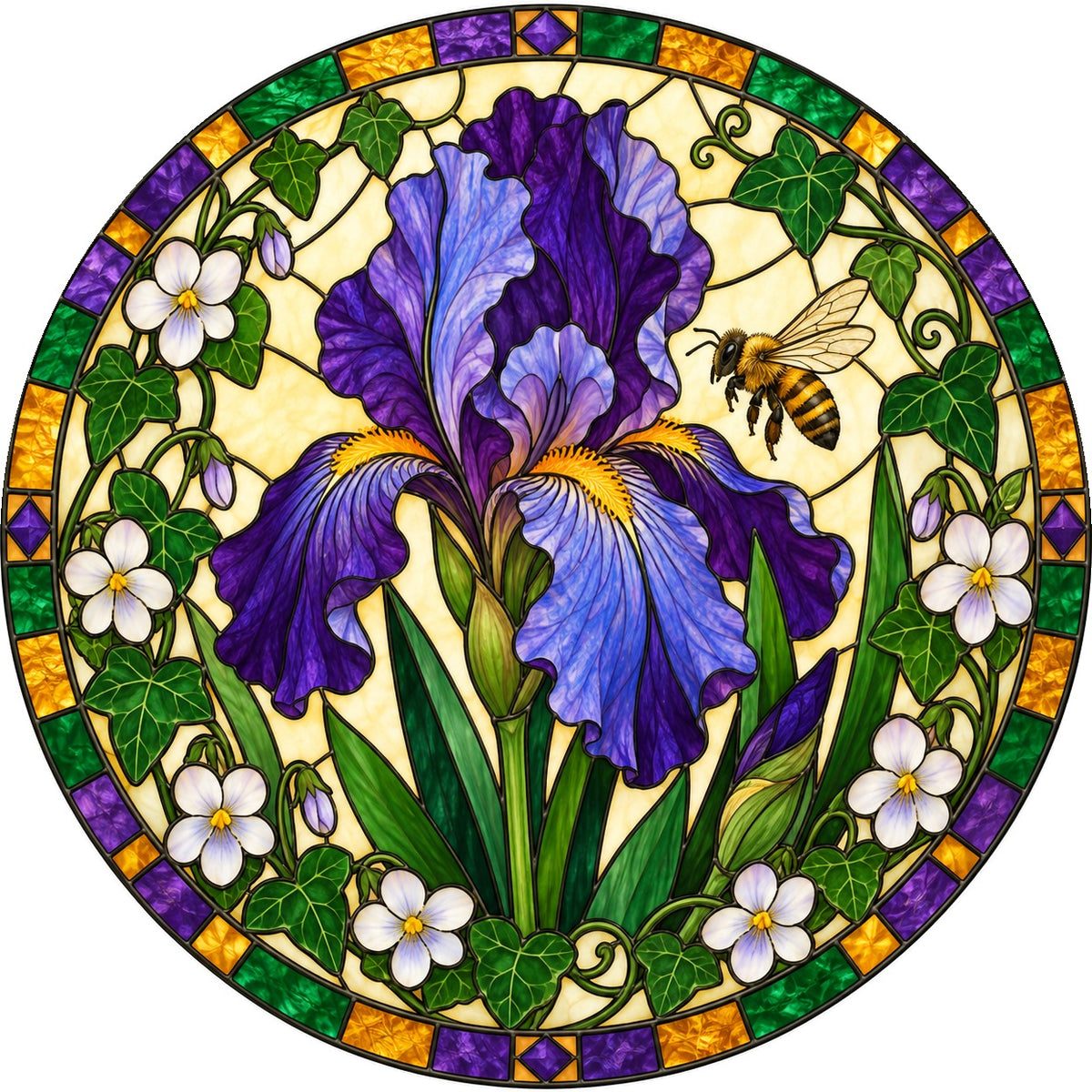 Velvet Iris and Honeybee Stained Glass Suncatcher Window Ornament