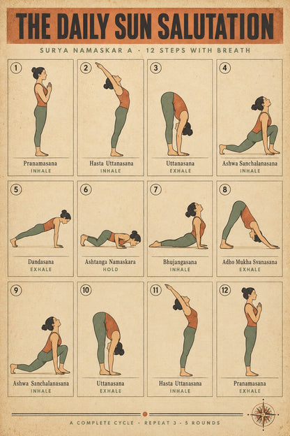 Sun Salutation Flow Chart Yoga Poster, Daily Practice Art