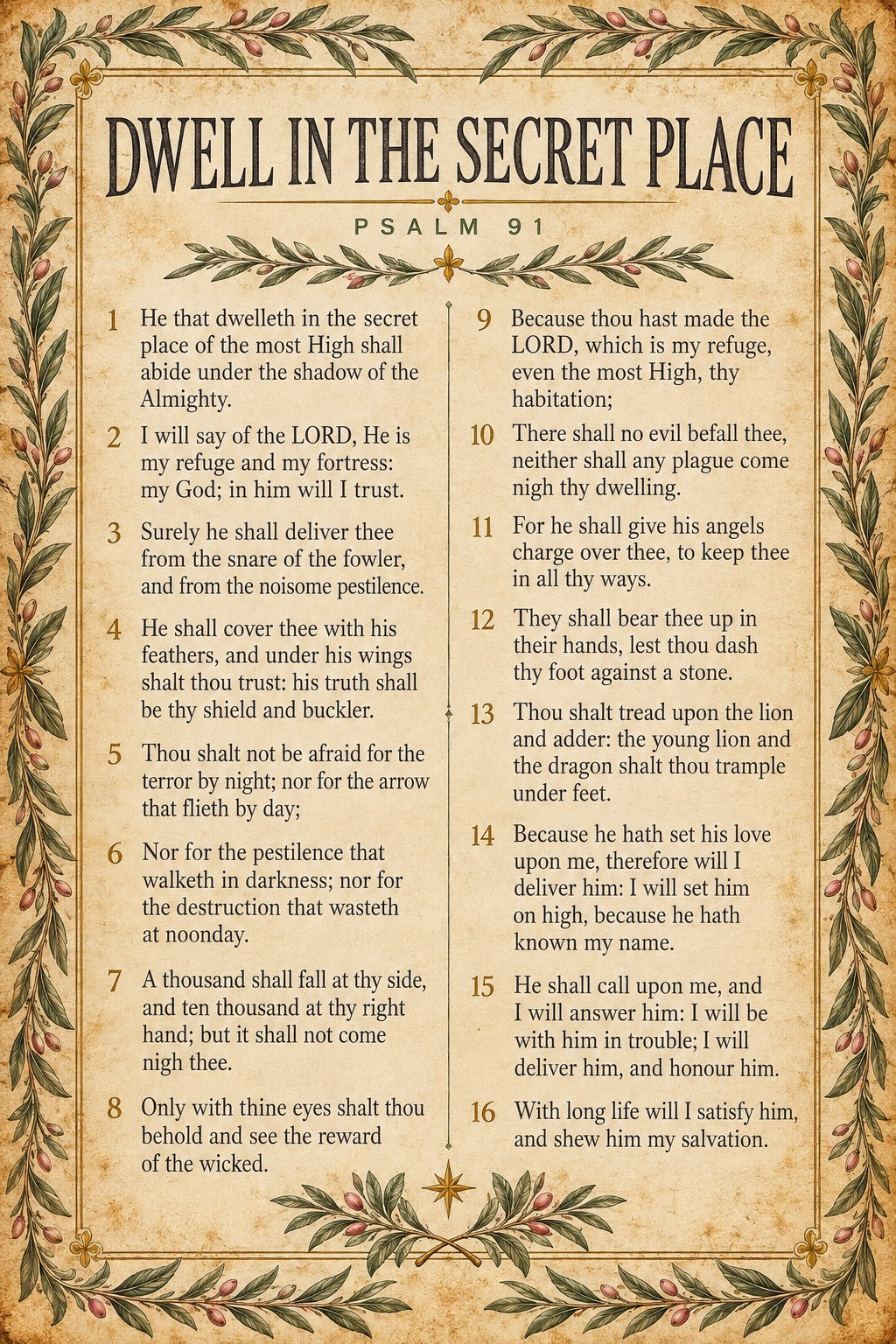Psalm 91 Scripture Art Poster with Olive Branch Border