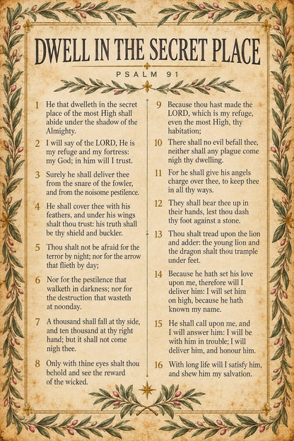 Psalm 91 Scripture Art Poster with Olive Branch Border
