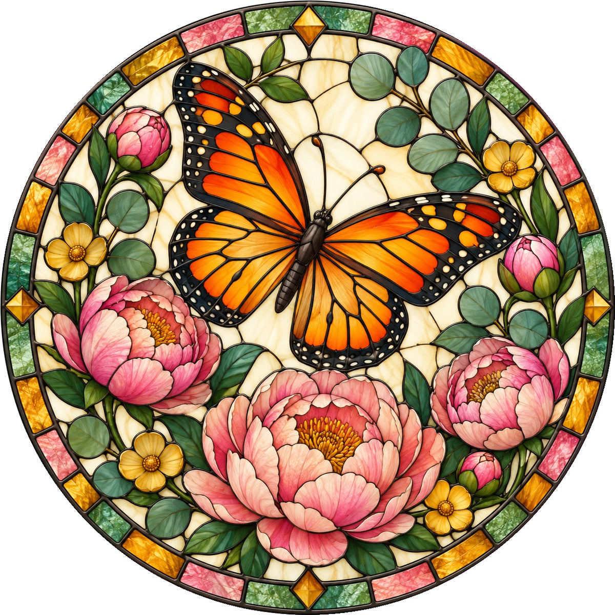 Monarch and Peony Suncatcher, Floral Butterfly Glass Hanging Ornament