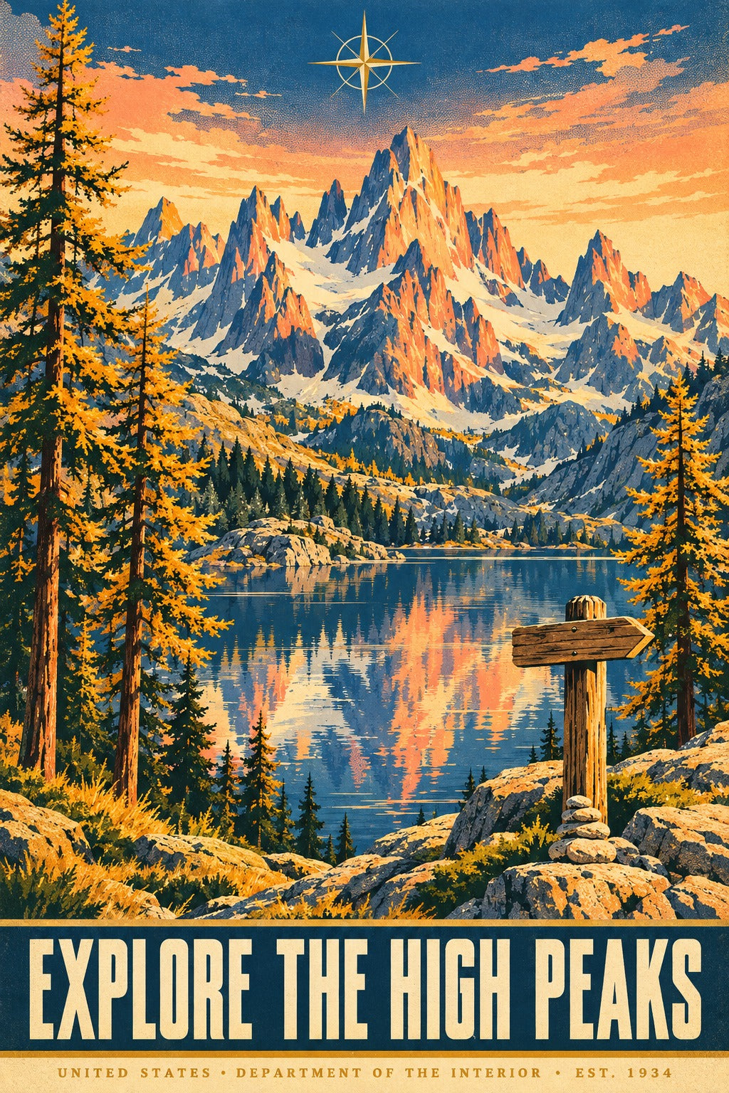 Alpine Cirque Overlook Vintage Travel Poster, High Peaks Wall Art