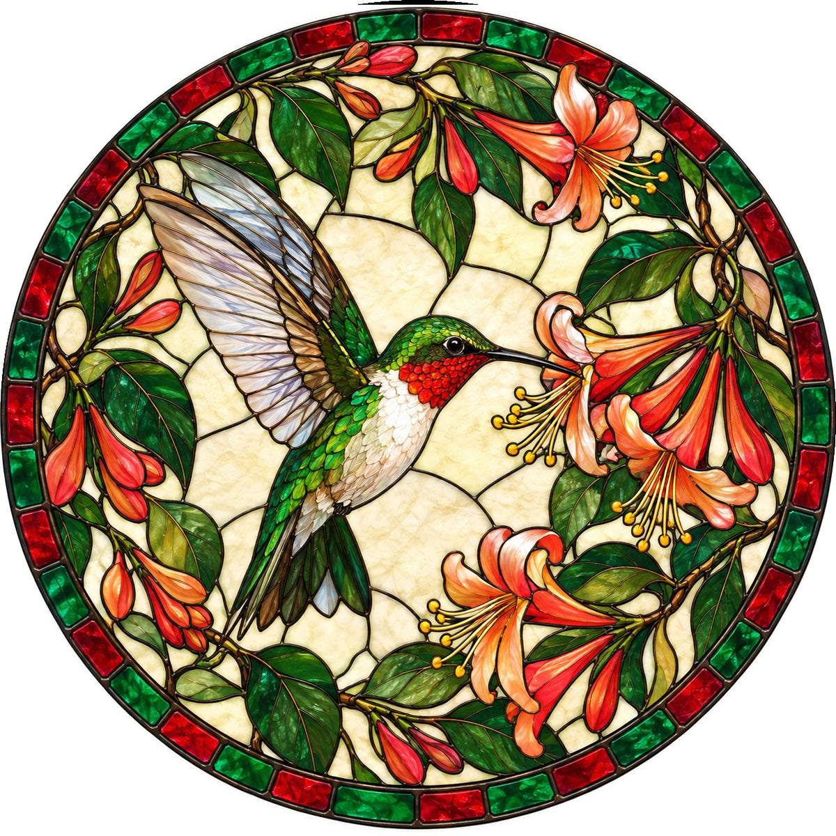 Ruby Hummingbird and Honeysuckle Suncatcher Window Ornament