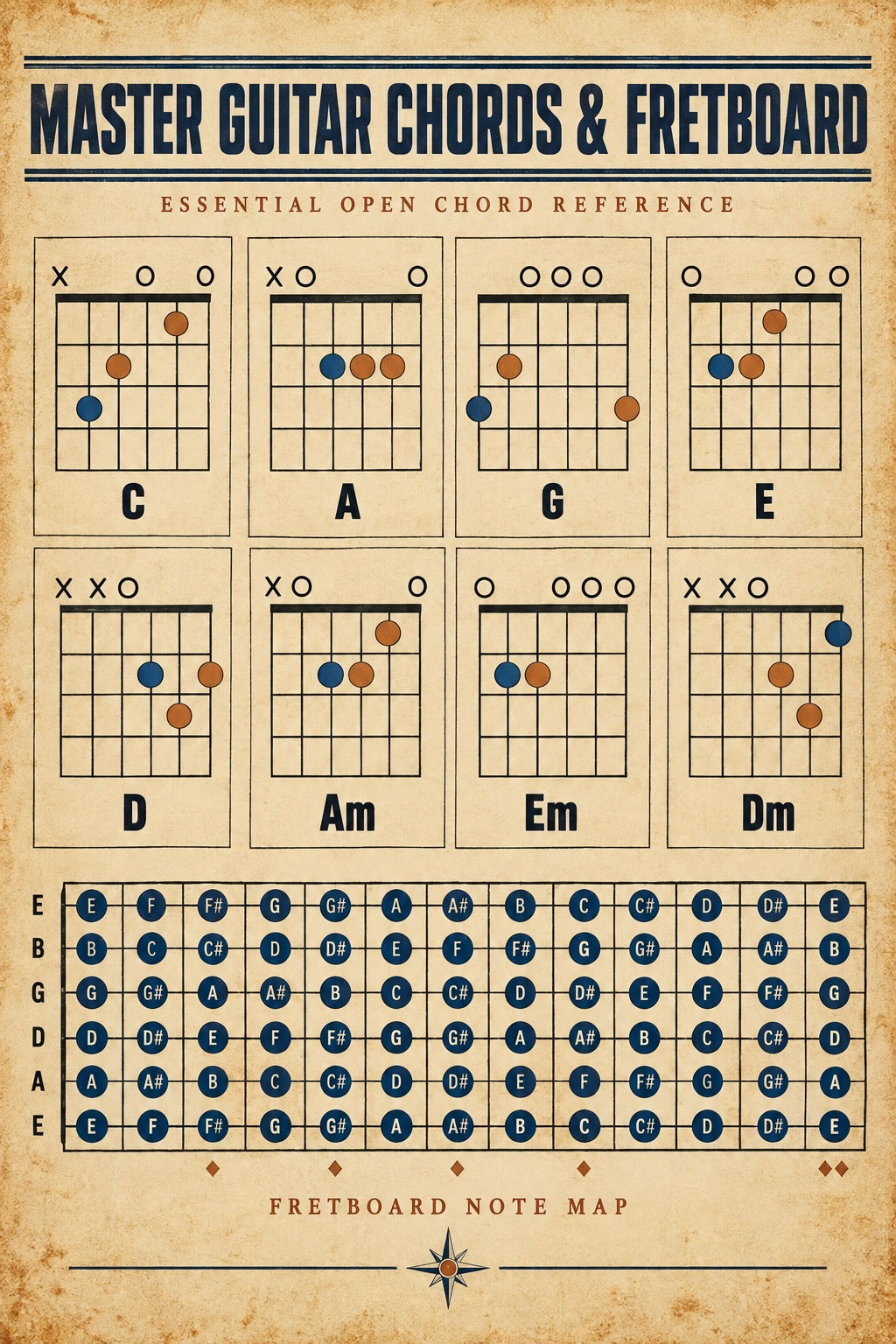 Guitar Chords and Fretboard Chart Poster, Music Reference Art
