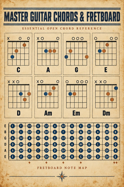 Guitar Chords and Fretboard Chart Poster, Music Reference Art