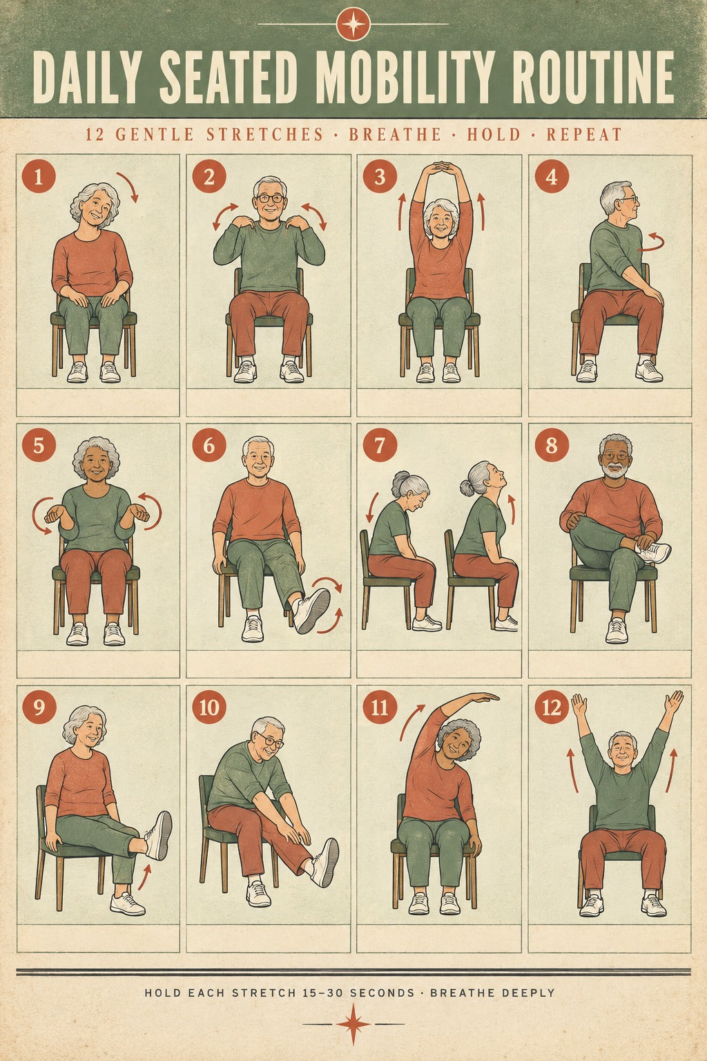 Daily Seated Mobility Routine Poster, Chair Exercise Art for Seniors