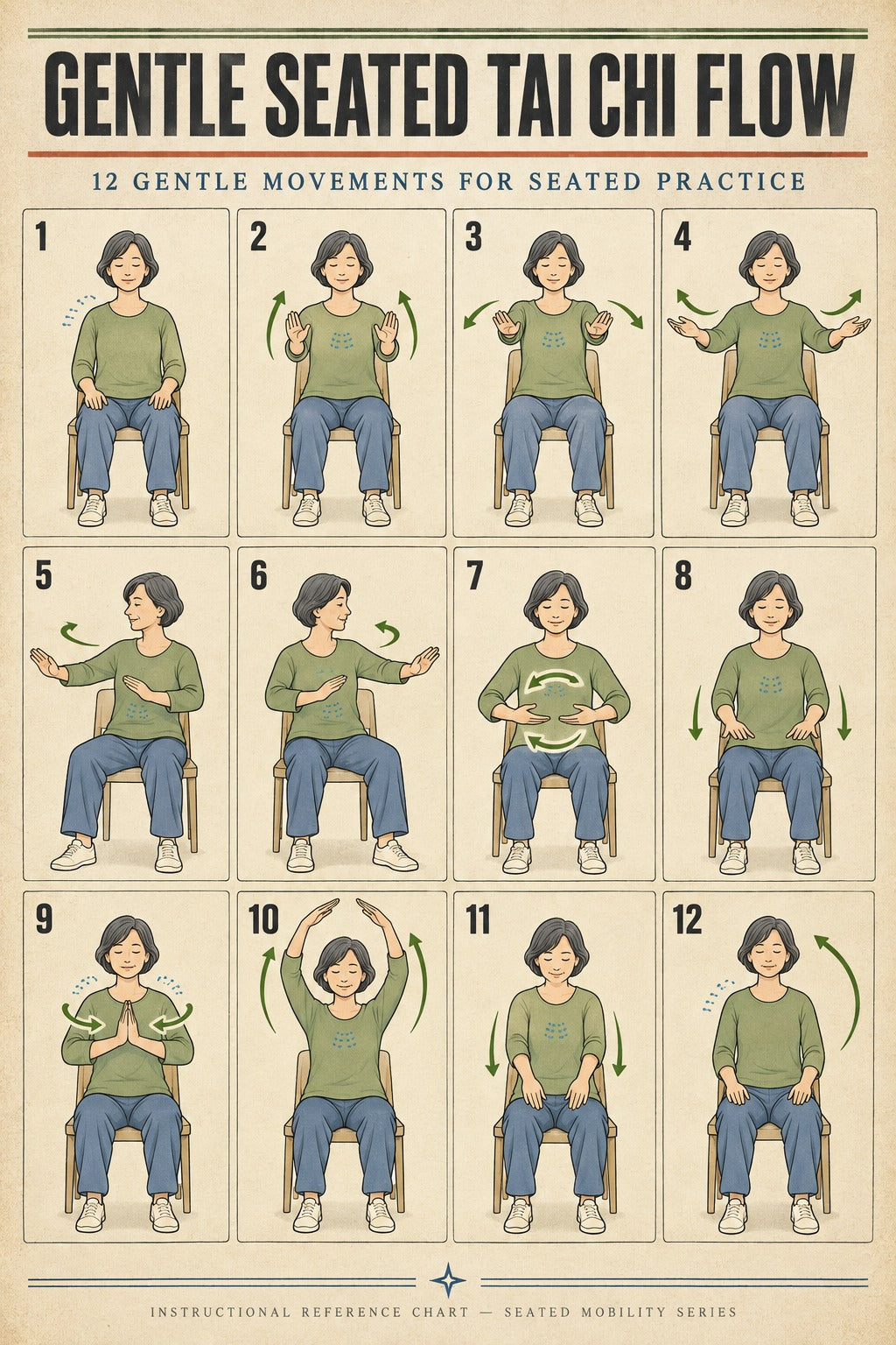 Gentle Seated Tai Chi Flow Poster, Chair Exercise Chart for Seniors