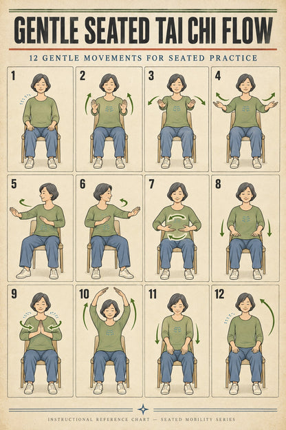Gentle Seated Tai Chi Flow Poster, Chair Exercise Chart for Seniors