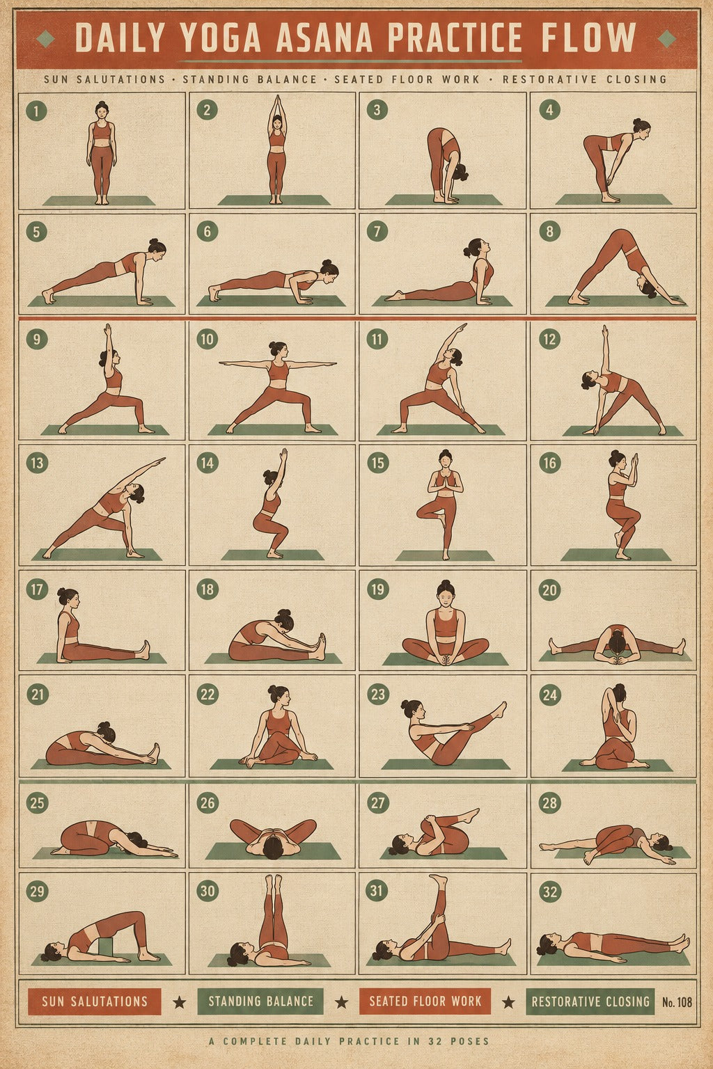 Yoga Asana Flow Chart Poster, Daily Practice Sequence Art