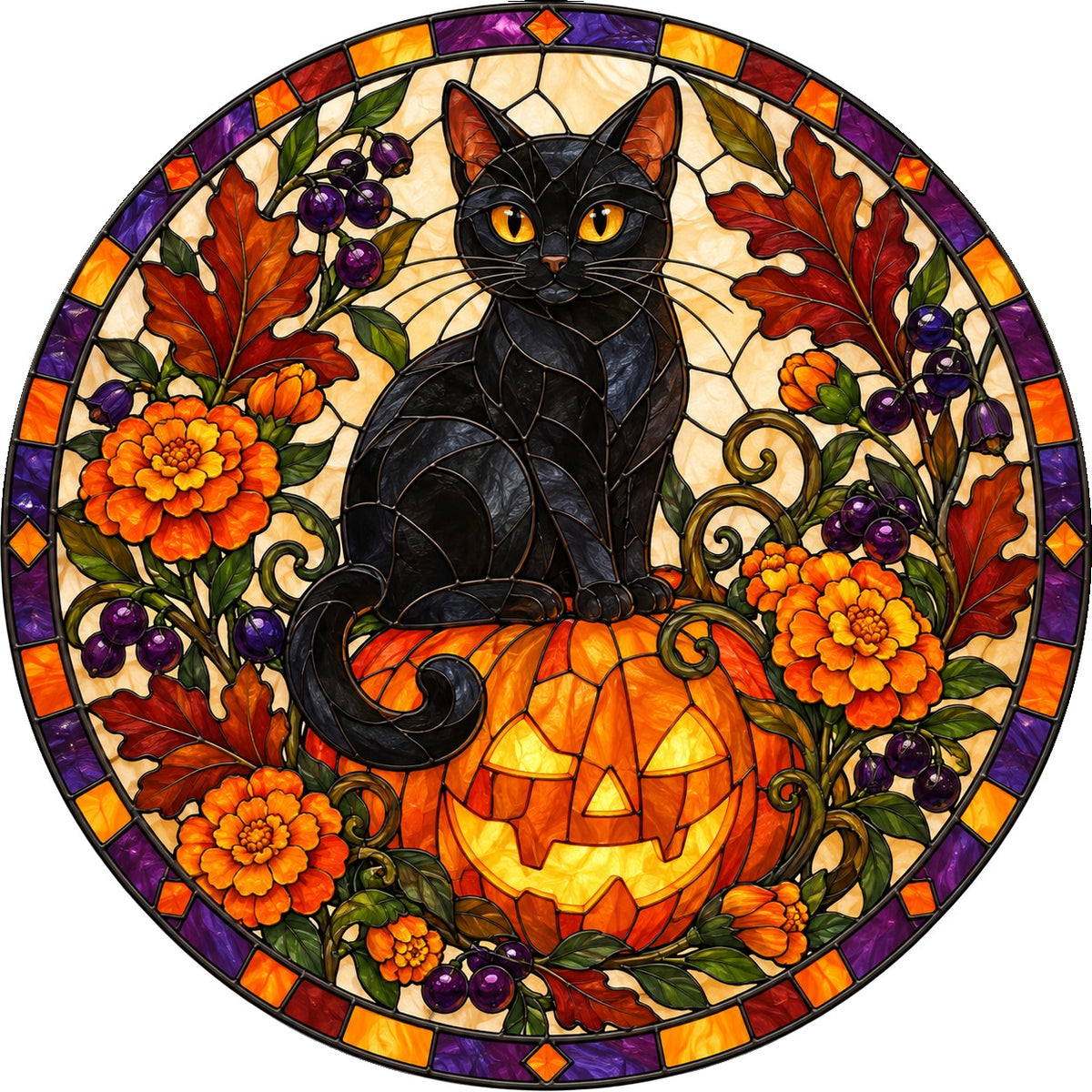 Midnight Pumpkin Familiar Cat Glass Suncatcher, Window Ornament