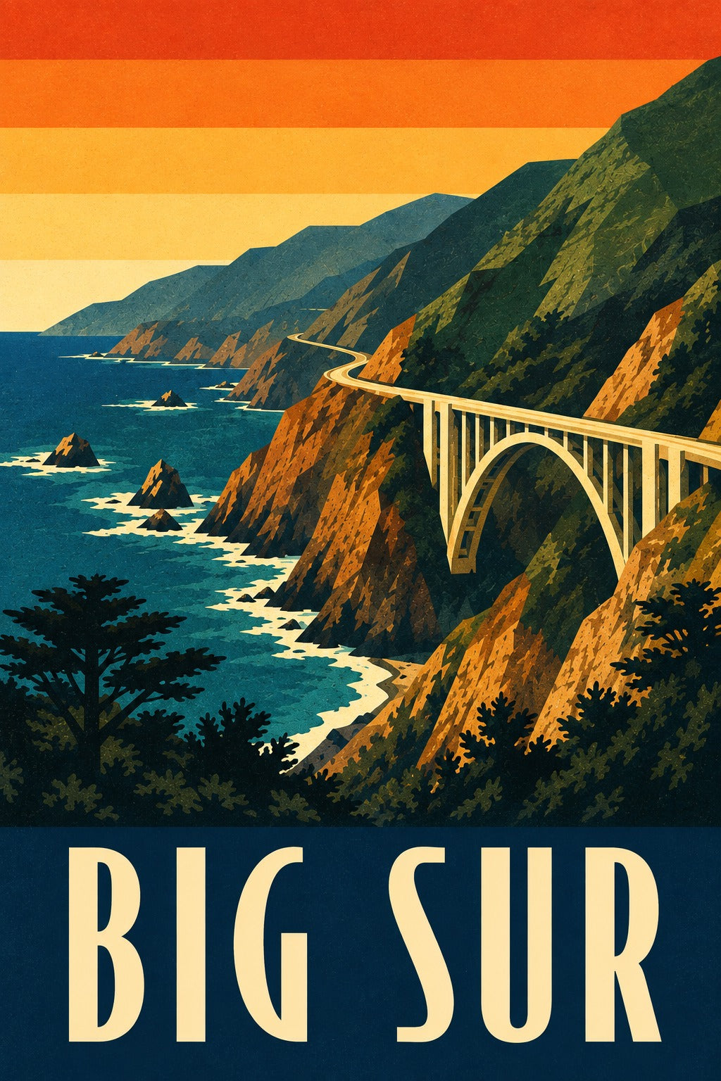 Big Sur California Vintage Travel Poster, Coastal Wall Art