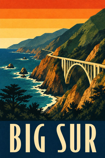 Big Sur California Vintage Travel Poster, Coastal Wall Art