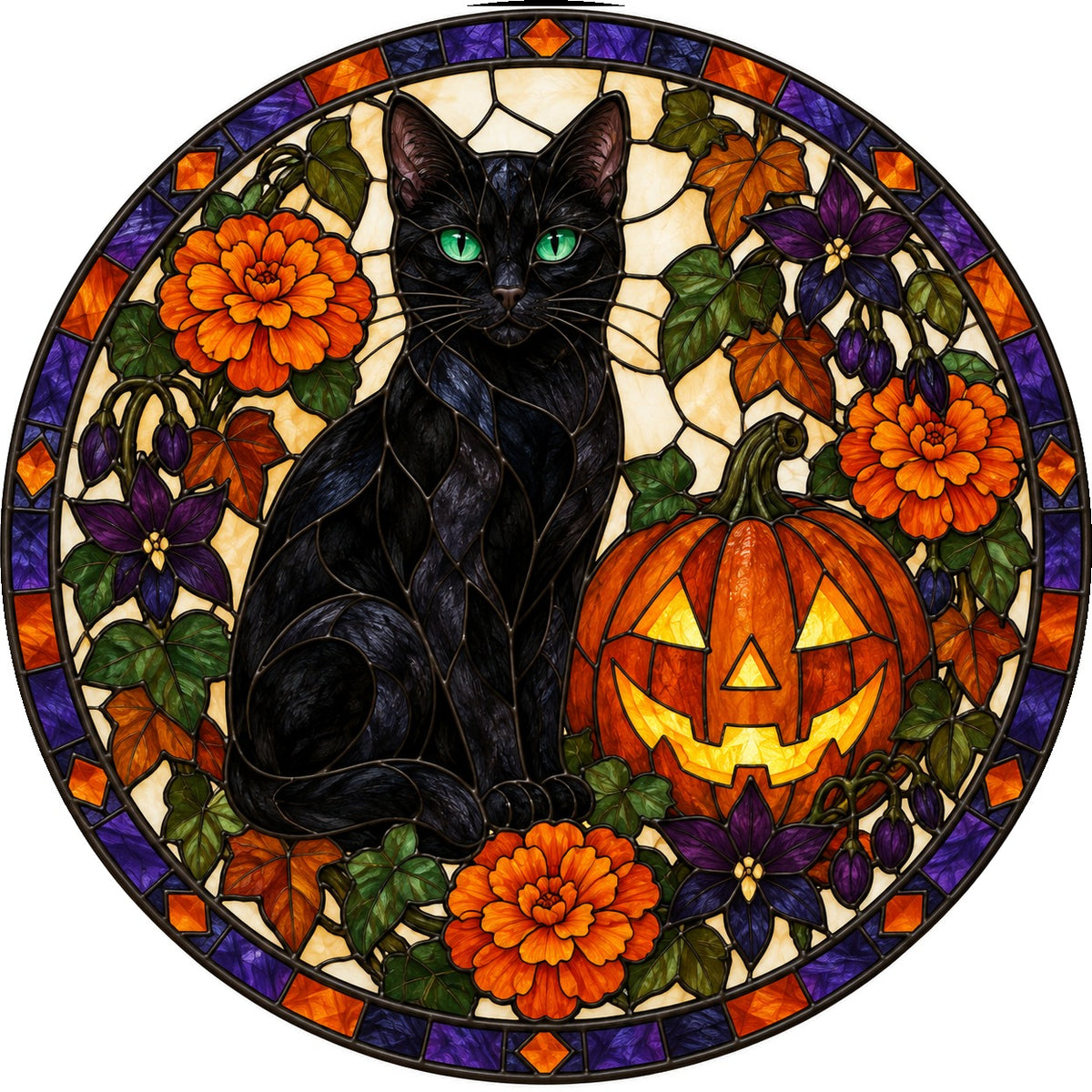 Halloween Black Cat and Pumpkin Stained Glass Suncatcher Window