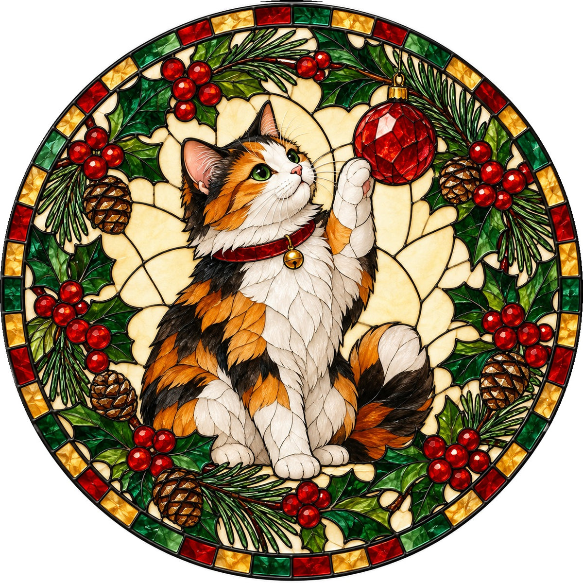 Festive Calico Cat Holiday Suncatcher Glass Ornament