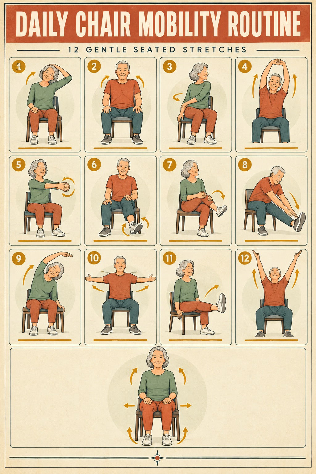 Daily Chair Mobility Routine Poster, Seated Senior Exercise Chart