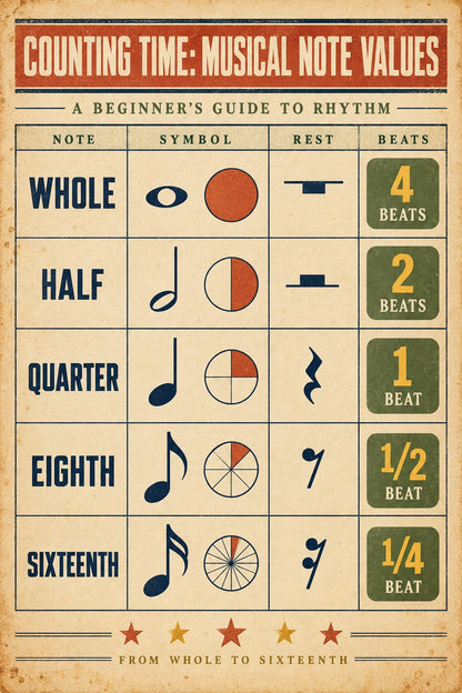 Counting Time Musical Note Values Poster, Kids Rhythm Chart