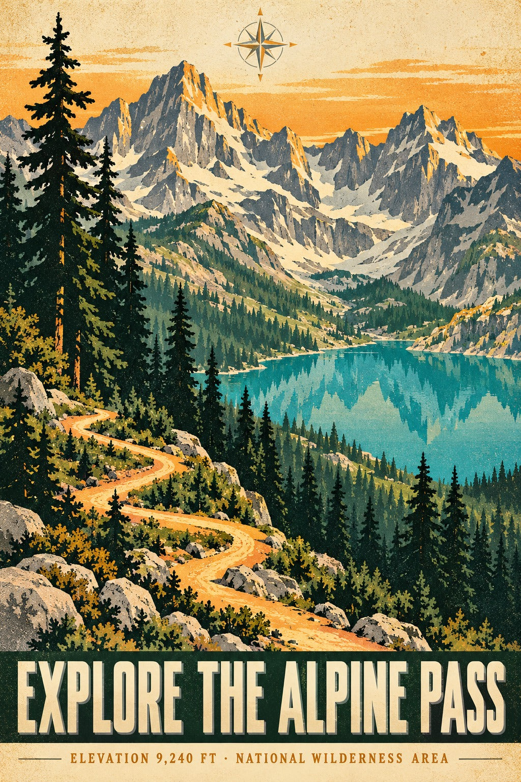 Alpine Pass Vintage Travel Poster, Mountain Landscape Art