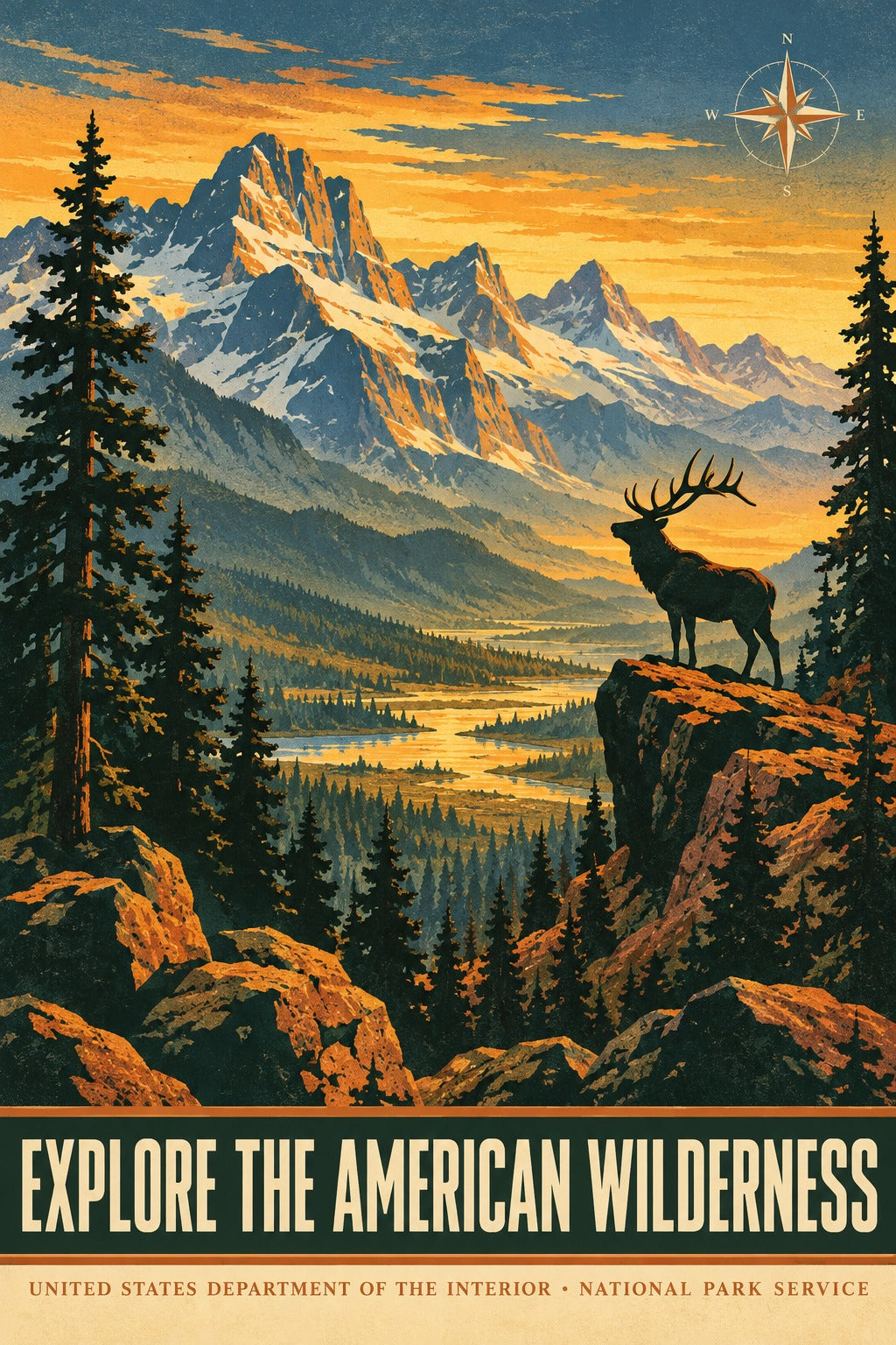 American Wilderness Vintage Travel Art Poster, National Park Elk Landscape