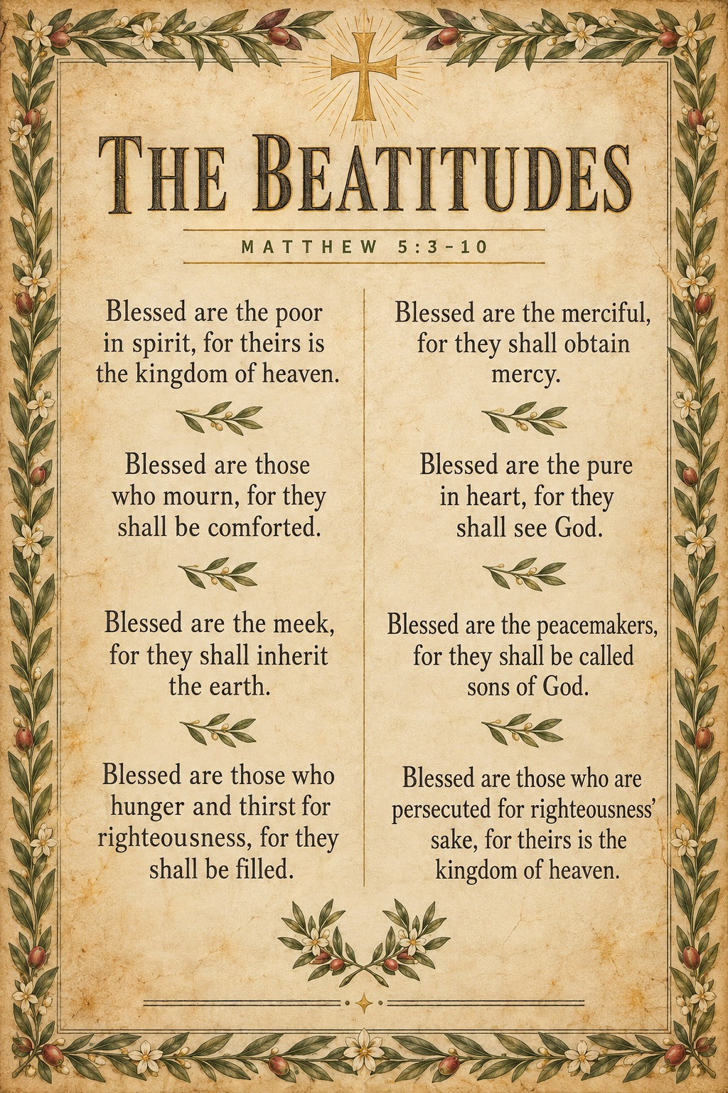 The Beatitudes Scripture Wall Art Poster, Matthew 5 Olive Branch Print