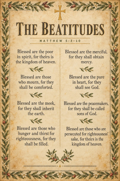 The Beatitudes Scripture Wall Art Poster, Matthew 5 Olive Branch Print