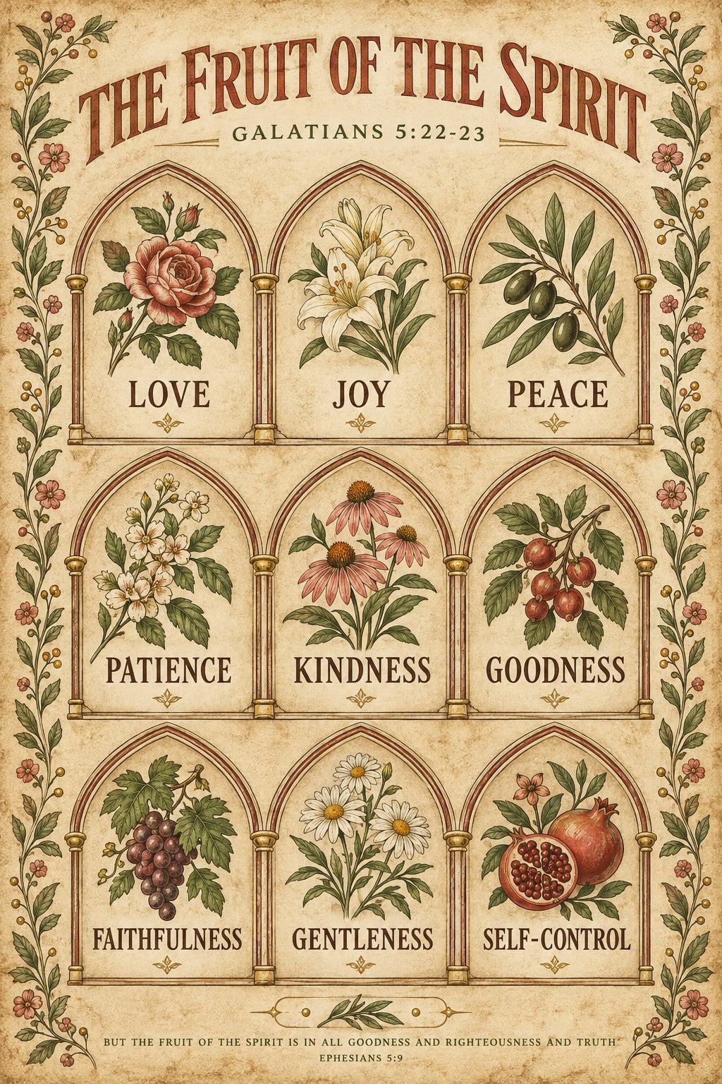 Fruit of the Spirit Archway Grid Poster, Galatians 5 Scripture Art