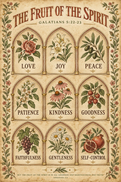 Fruit of the Spirit Archway Grid Poster, Galatians 5 Scripture Art