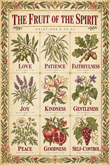 Fruit of the Spirit Botanical Poster, Galatians 5 Herbarium Field Guide