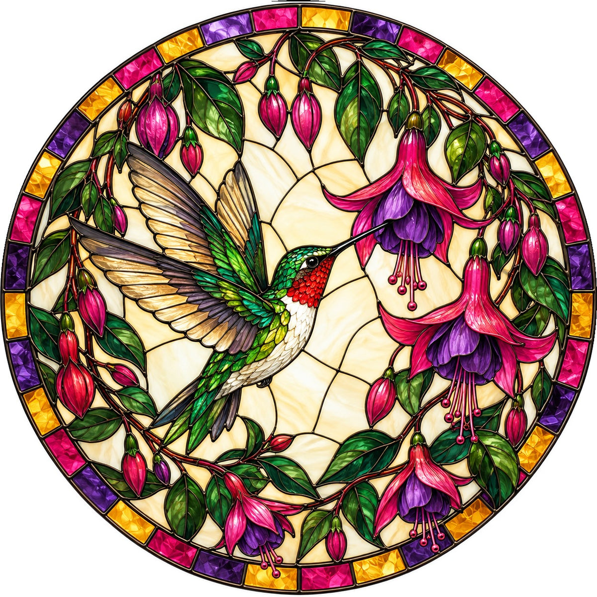 Fuchsia Hummingbird Glass Suncatcher Window Ornament